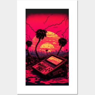 Abandoned Gaming Consol Under Palm Trees And Synthwave Sun Posters and Art